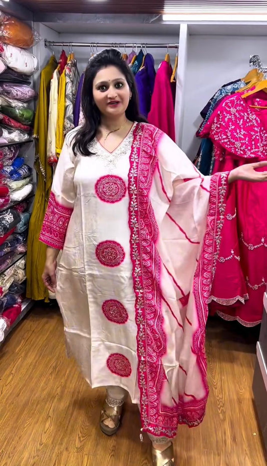 Marvelous White Silk Embroidery Work Palazzo Suit