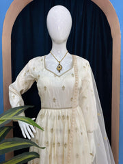 Blissful Embroidery Work Off White Color Gown