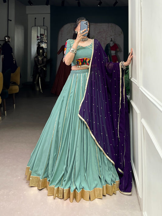 Designer Navratri Gamthi Work Rama Color Lehenga Choli