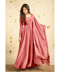 Decent Embroidery Peach Color Anarkali Gown with Dupatta