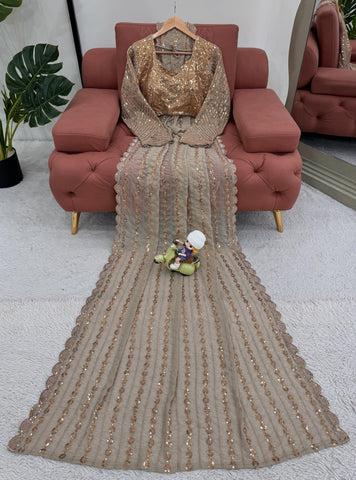 New Party Wear Beige Color Sequence Work Saree