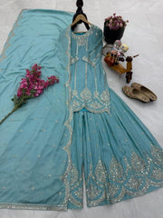 Designer Sky Blue Color Heavy Work Chinon Silk Palazzo Suit