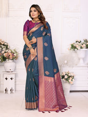 Elegant Soft Silk Teal Blue Color Saree