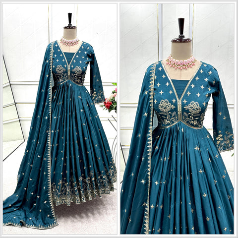 Lovely Teal Green Dola Silk Embroidery Work Gown
