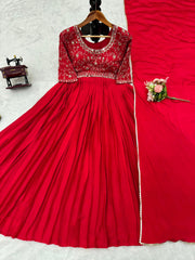 Attractive Chinon Silk Real Mirror Work Red Color Gown