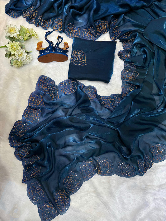 Wedding & Party Wear Beautiful Katdana Handwork Navy Blue Color saree