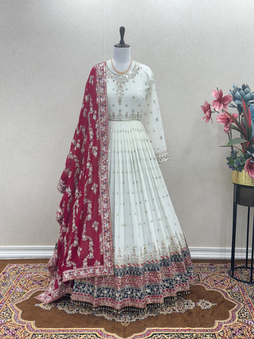 Wedding & Party Wear Embroidery Sequence Work White Color Gown