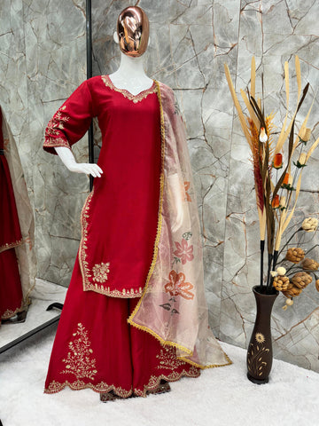 Stunning Chinon Embroidery Work Red Color Sharara Suit
