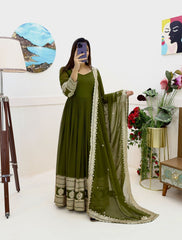 Demanding Georgette Embroidery Work Mehndi Color Gown