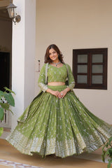 Traditional wear Embroidery Sequence Work Green Color Lehenga Choli