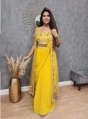 Designer Georgette Yellow Color Lehenga Saree With Koti