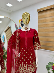 Red Color Sequence Work Palazzo Suit