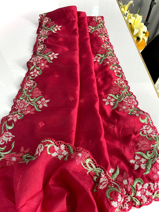 Designer Tussar Silk Pink Color Saree