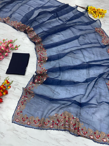 Beautiful Lace Border Organza Silk Navy Blue Color Saree