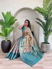 Demanding Kanchipuram Teal Blue Color Saree
