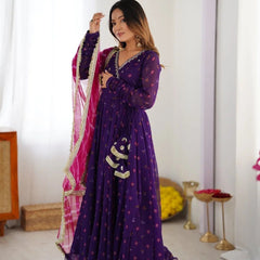 Lovely Blue Georgette Embroidery Work Gown