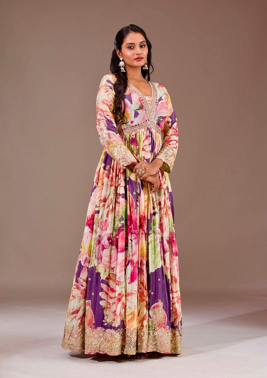 Pretty Multi Color Chinon Silk Embroidery Work Gown