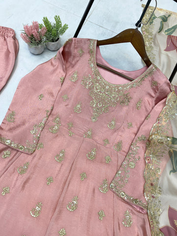 Alluring Pink Chinon Sequence Work Palazzo Suit