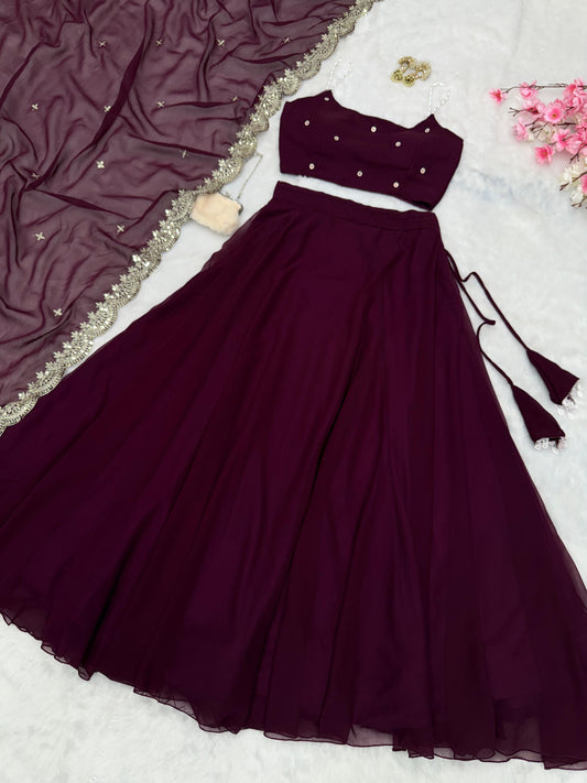 Wine Color Pearl Embellished Lehenga Set
