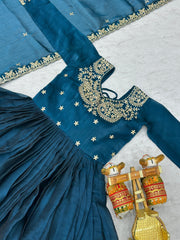 Occasion Wear Burberry Silk Teal Blue Color Gown