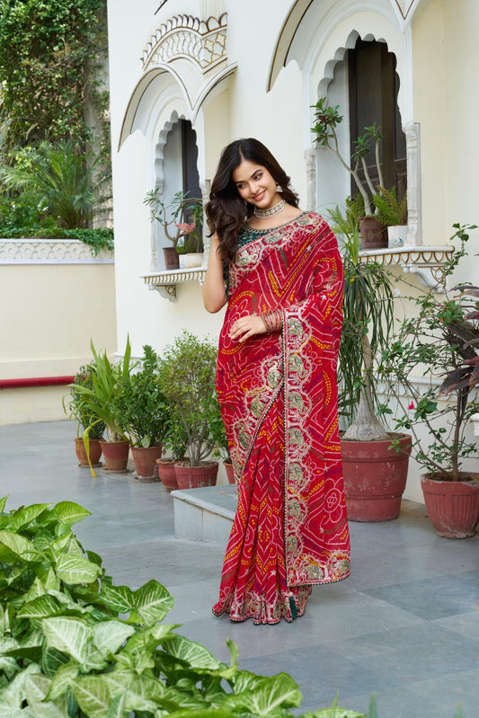 Beautiful Designer Red Color Bandhani Saree
