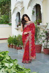 Beautiful Designer Red Color Bandhani Saree
