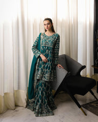 Beautiful Embroidery Work Green Color Sharara Suit