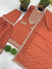 Delightful Chinon Silk Orange Color Sharara Suit