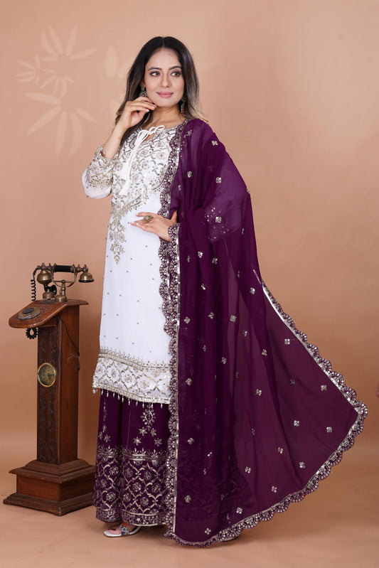 Exclusive Heavy Work White Color Suit Wine Sharara