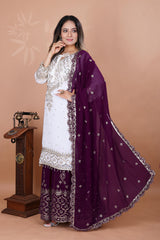 Exclusive Heavy Work White Color Suit Wine Sharara