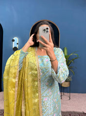 Imposing Jimmy Choo Sky Blue & Yellow Color Palazzo Suit