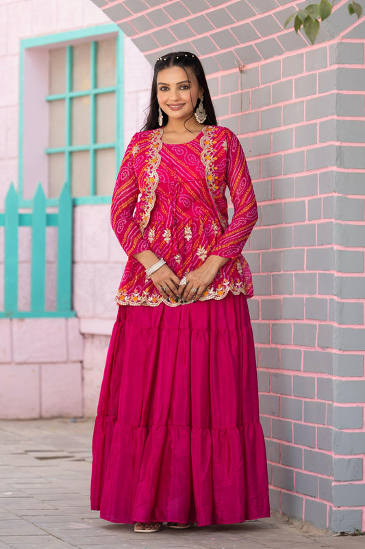 Function Wear Bandhej Pink Color Top With Lehenga With Koti