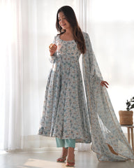 Flower Print Exclusive Fully Flair Sky Blue Color Anarkali Suit
