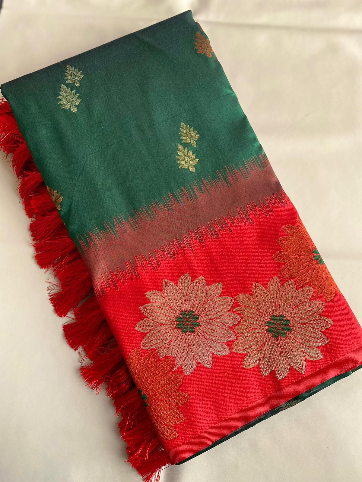 Beautiful Floral Zari Weaving Border Green Color Silk Saree
