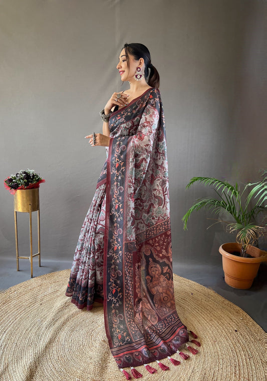 Unique Italian Digital Print Cotton Grey Color Saree