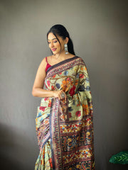 Captivating Digital Printed Cotton Pista Color Saree