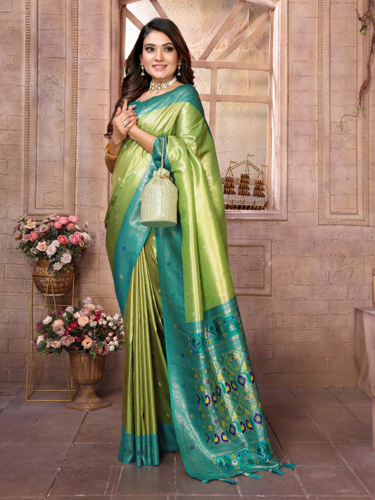 Wedding Wear Green And Sky Colour Paithani Banarasi Tissue Silk Sarees