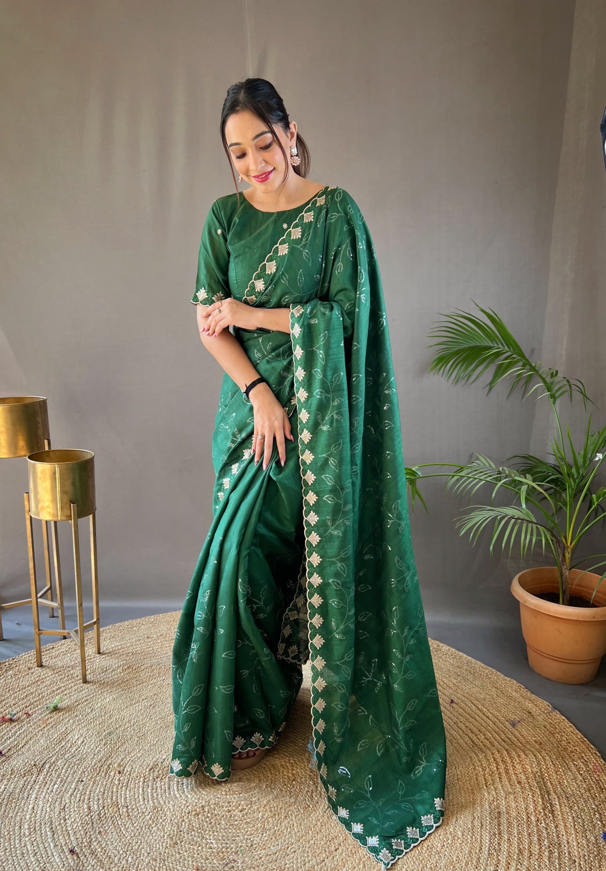 Presenting Ready To Wear Green Color Silk Saree