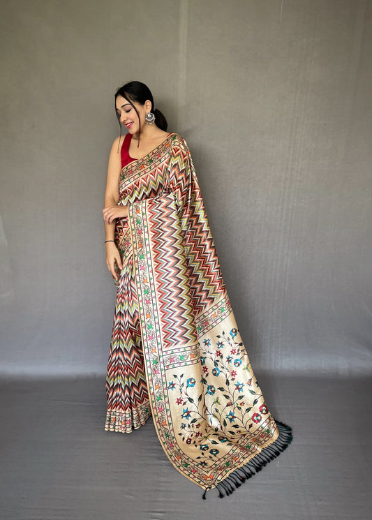 Kalamkari Fusion Print Pista Color Silk Saree