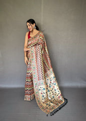 Kalamkari Fusion Print Pista Color Silk Saree