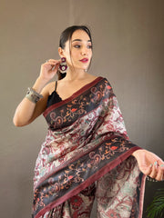 Unique Italian Digital Print Cotton Grey Color Saree