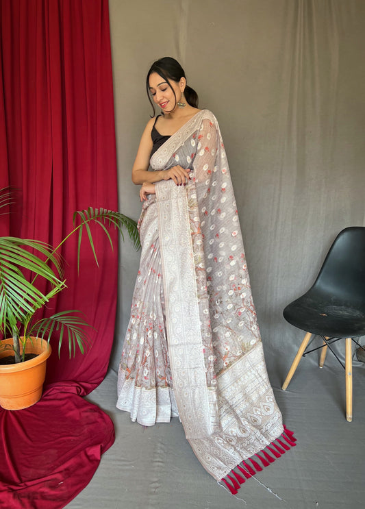 Wonderful Cotton Linen Grey Color Saree