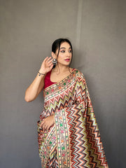 Kalamkari Fusion Print Pista Color Silk Saree