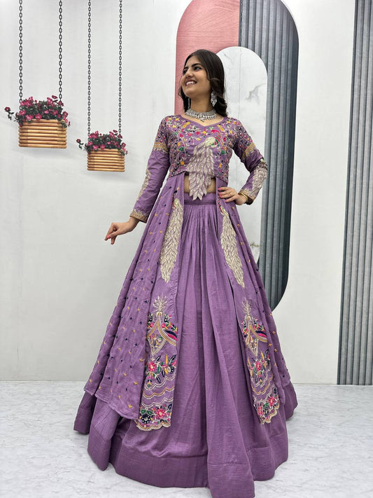 Stylish Pure Vichitra Heavy Thread Work Lehenga