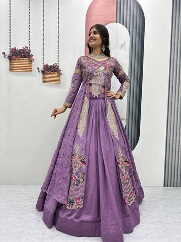 Stylish Pure Vichitra Heavy Thread Work Lehenga