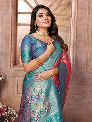 Wedding Wear Pink With Sky Colour Paithani Banarasi Tissue Silk Sarees