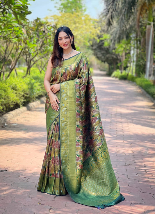 Attractive Kanchipattu Silk Mehndi Color Saree