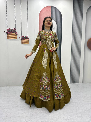 Stylish Pure Vichitra Heavy Thread Work Lehenga