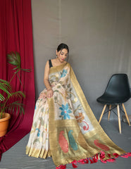 Fantastic unique Design Mustard Color Floral Katha Saree