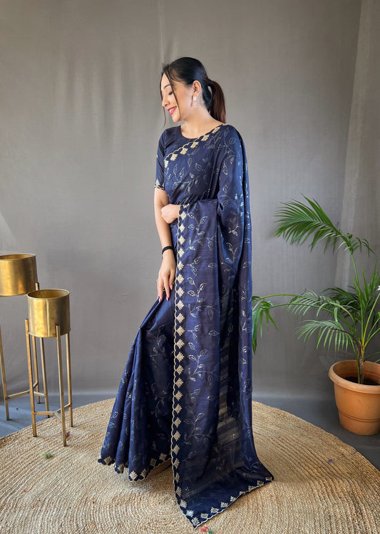 Presenting Ready To Wear Navy Blue Color Silk Saree